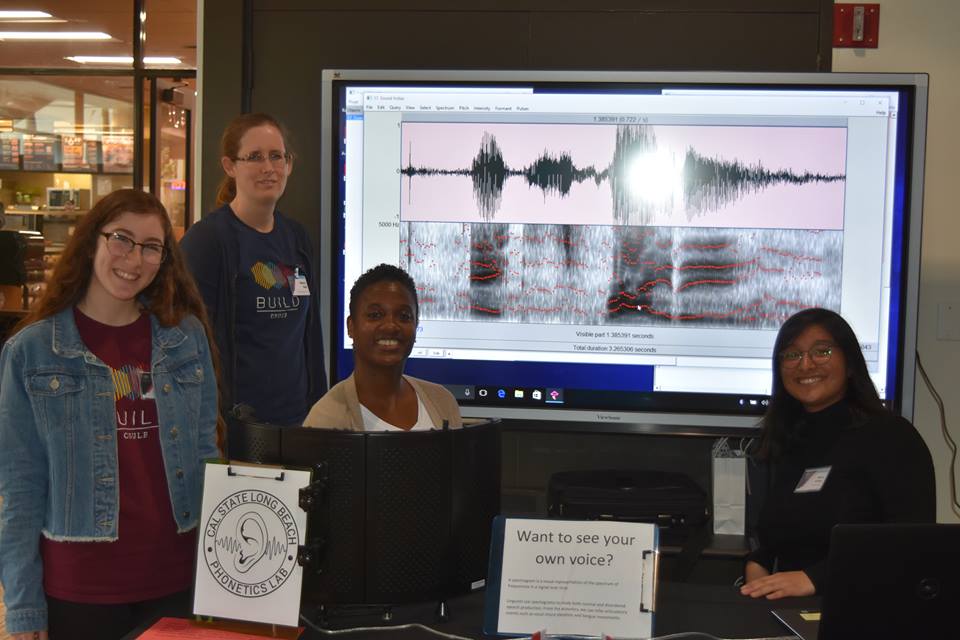 Megan Walsh, Dr. Nancy Hall, and Bianca Godinez giving a demonstration of a spectrogram to Dr. Cheryl Rock.