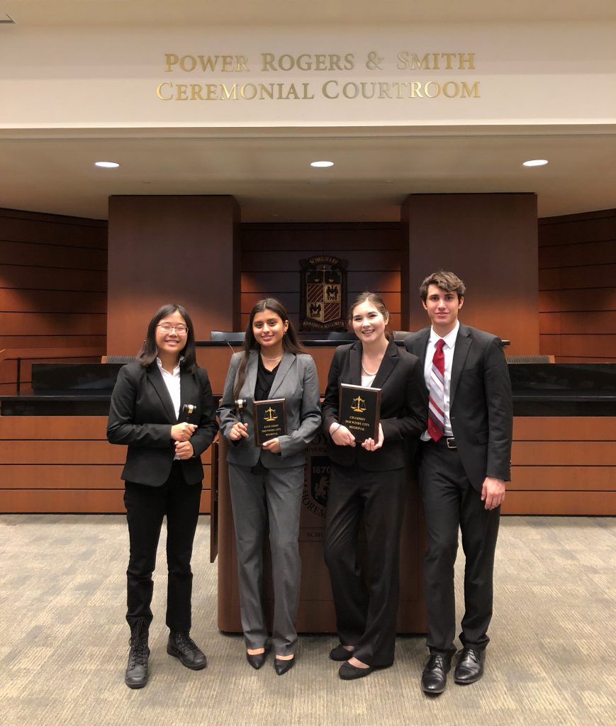 Both teams at the Windy City Regional Moot Court competition in Chicago. (from left: Jireh Dang, Evelyn Ortiz, Anna Sasaki, Jonah Zeko)