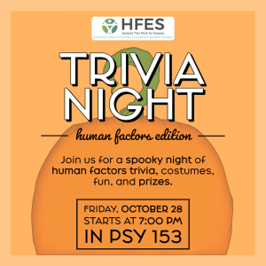 Trivia night human factors edition: night of human factors trivia, costumes, and prizes. Friday October 28th at 7 pm in PSY 153
