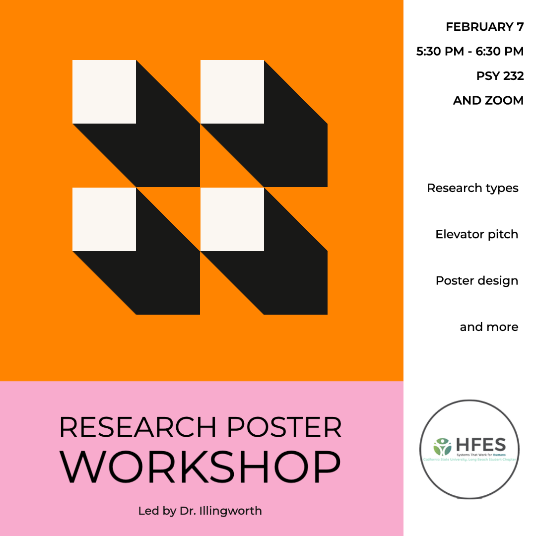 Research poster workshop February 7th 5:30 pm to 6:30 pm in Psychology 232 and Zoom.