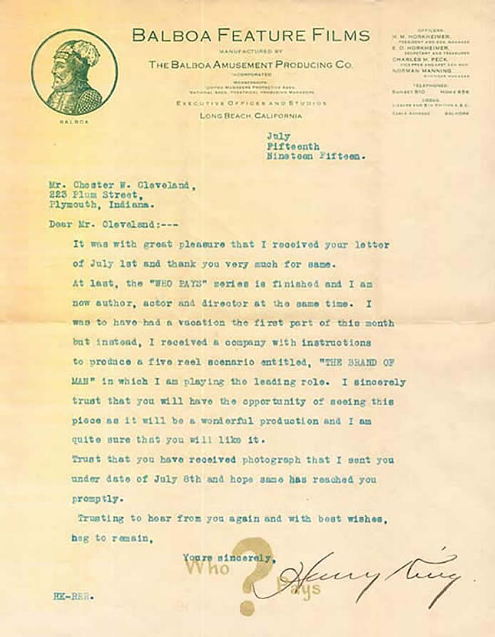 King letter on Balboa letterhead