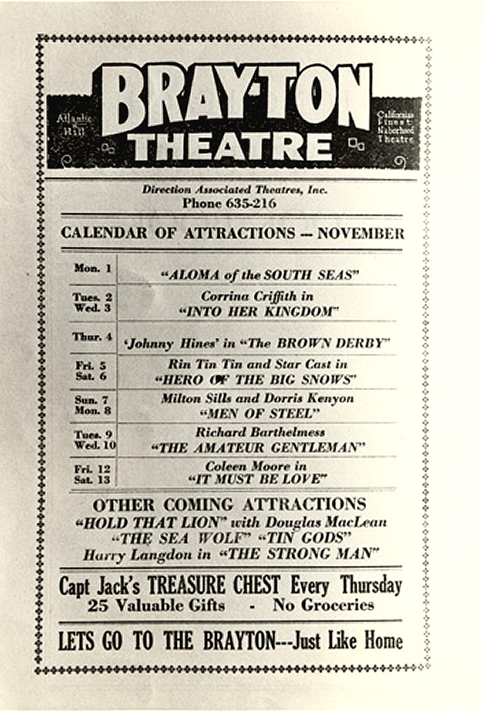 1927 calendar of attractions at the Brayton