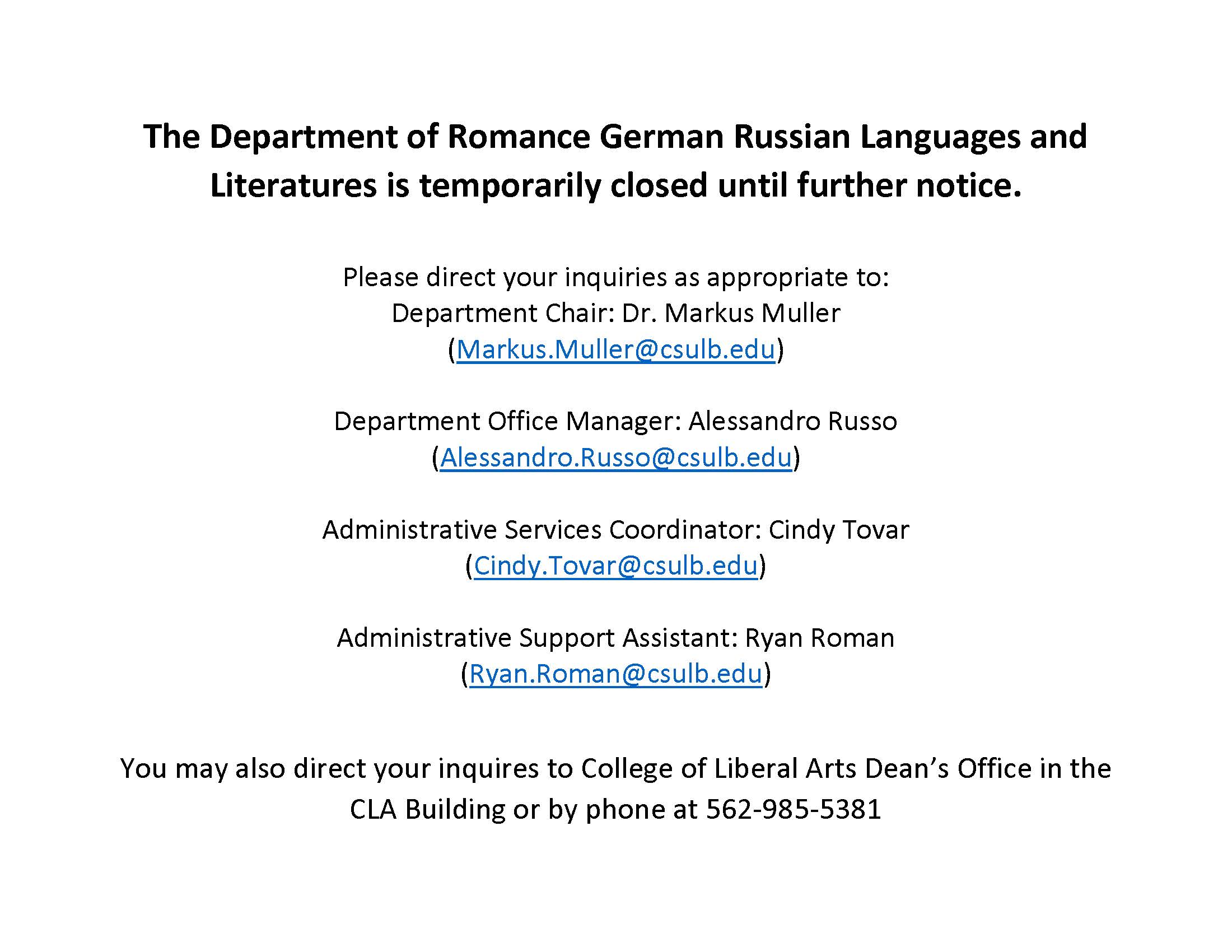 Office Closure Notice – Romance, German, Russian Languages and Literatures