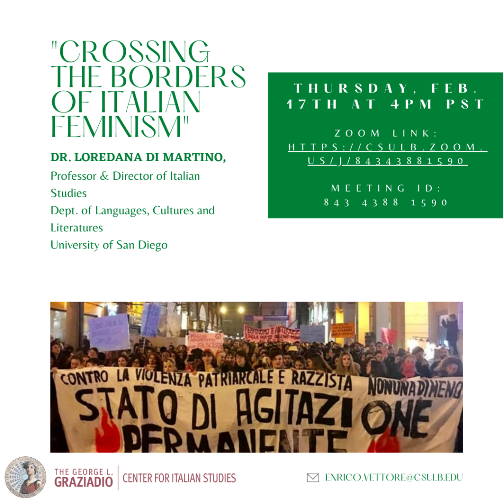 Crossing The Borders Of Italian Feminism Presentation on Zoom February 17, 2022 at 4:00pm