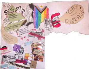 collage of different images involving queer and covid imagery like the rainbow flag