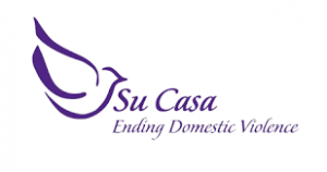 The background is white and the text states Su Casa, Ending Domestic Violence. There is also a purple dove in the logo.