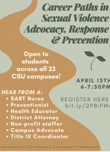 This event is a panel + Q&A on Career Paths in Sexual Violence Advocacy, Response, & Prevention. It is a great opportunity for students to hear from some amazing professionals working in the field right now!